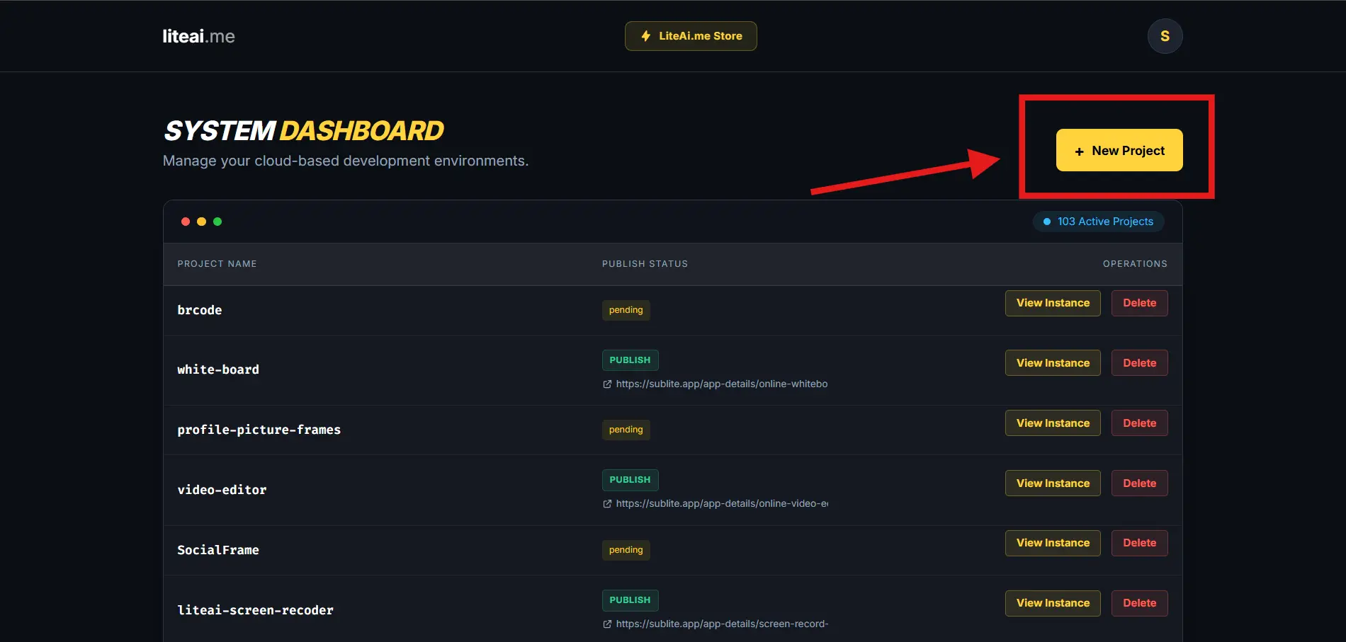 Click New Project on the App Builder System Dashboard